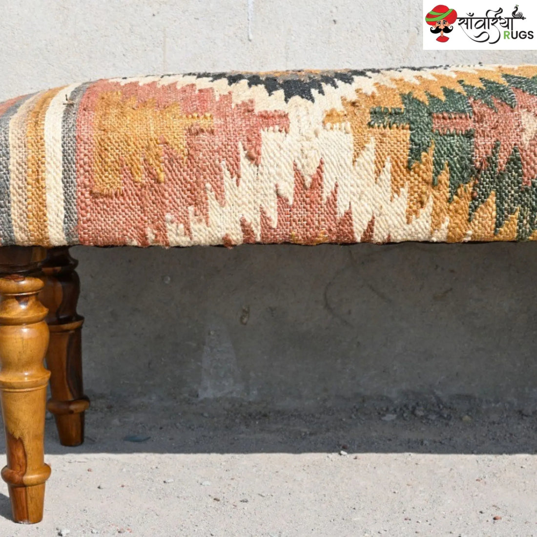 Handmade kilim bench with wool and jute upholstery