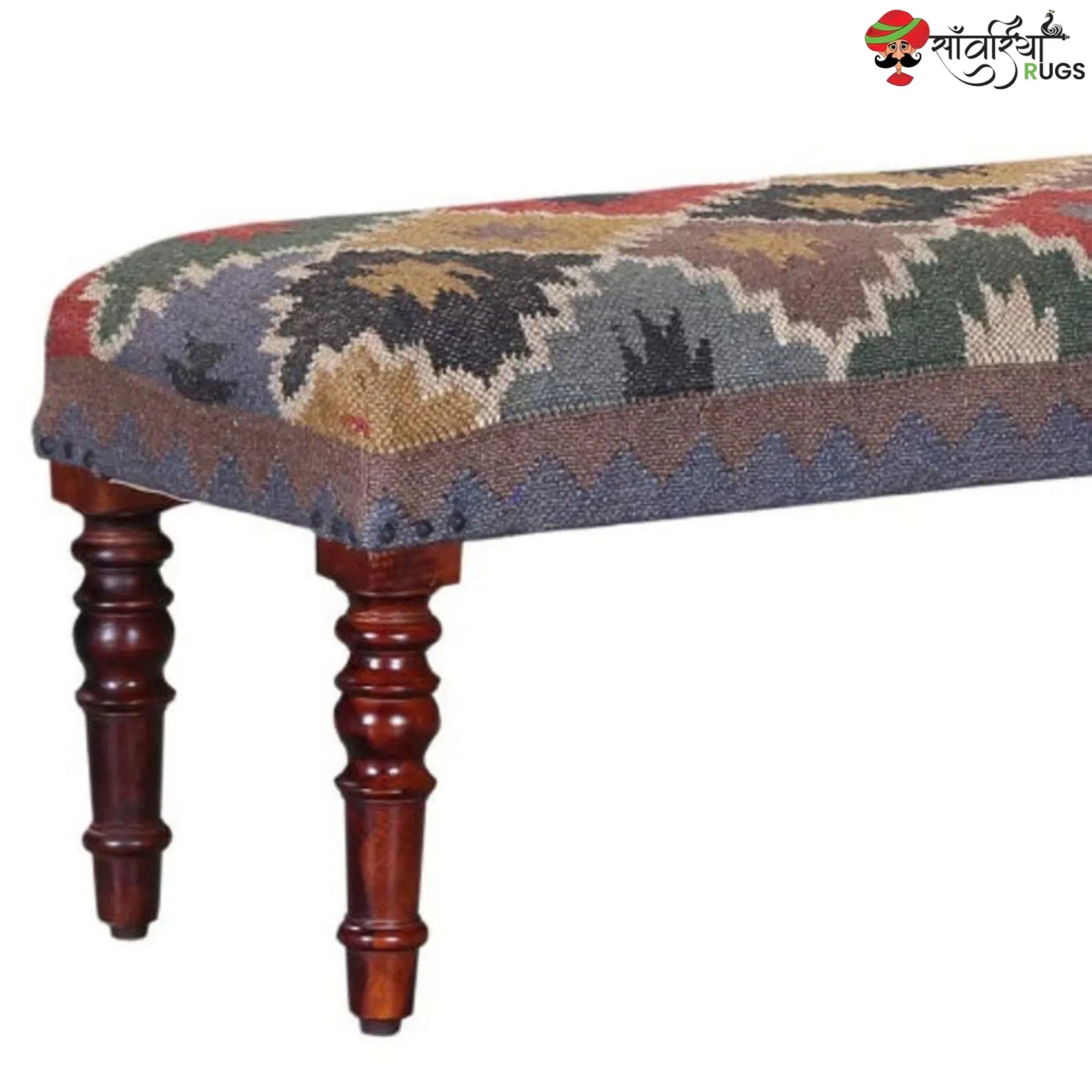 Multicolor southwestern kilim bench with wool and jute upholstery