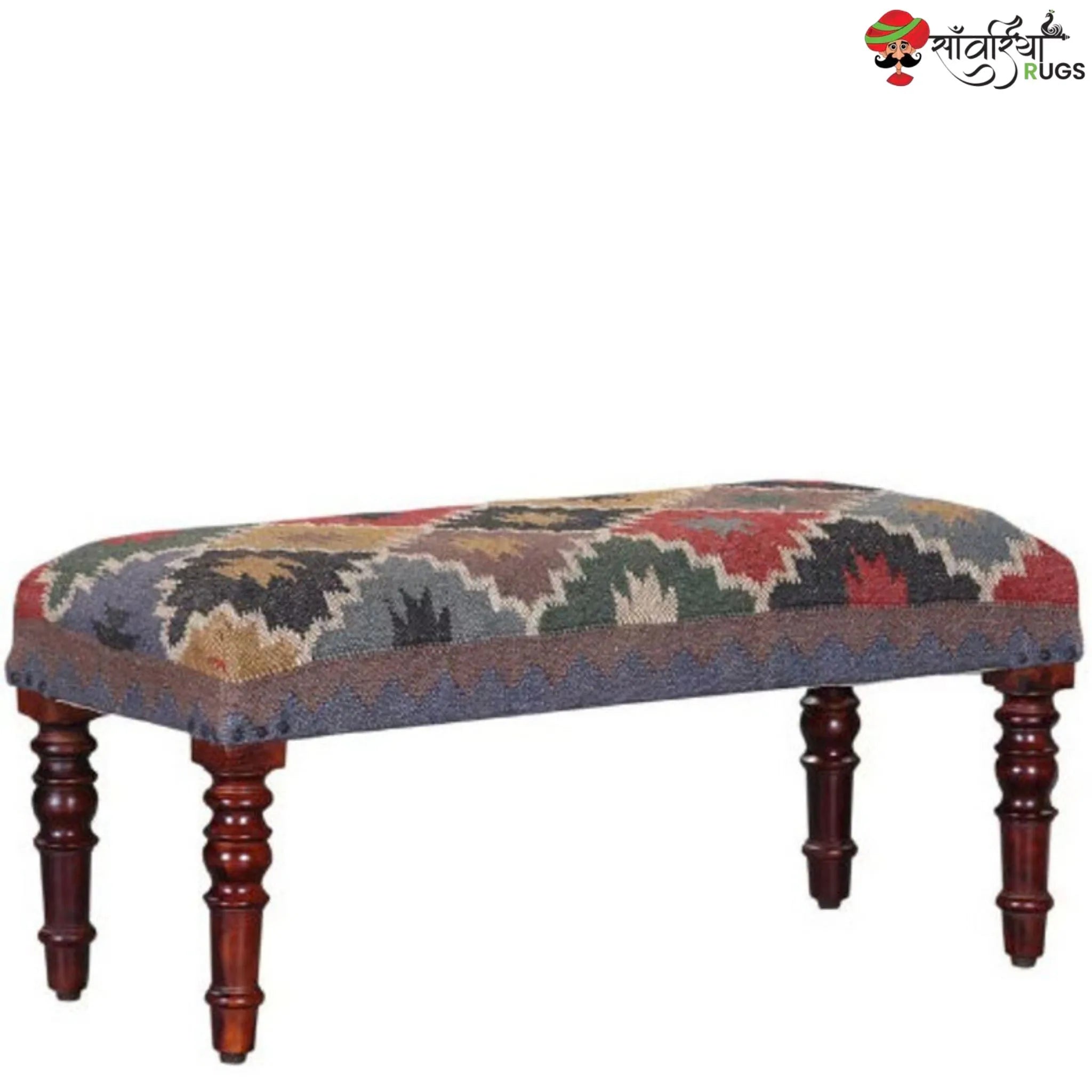 Multicolor southwestern kilim bench with wool and jute upholstery