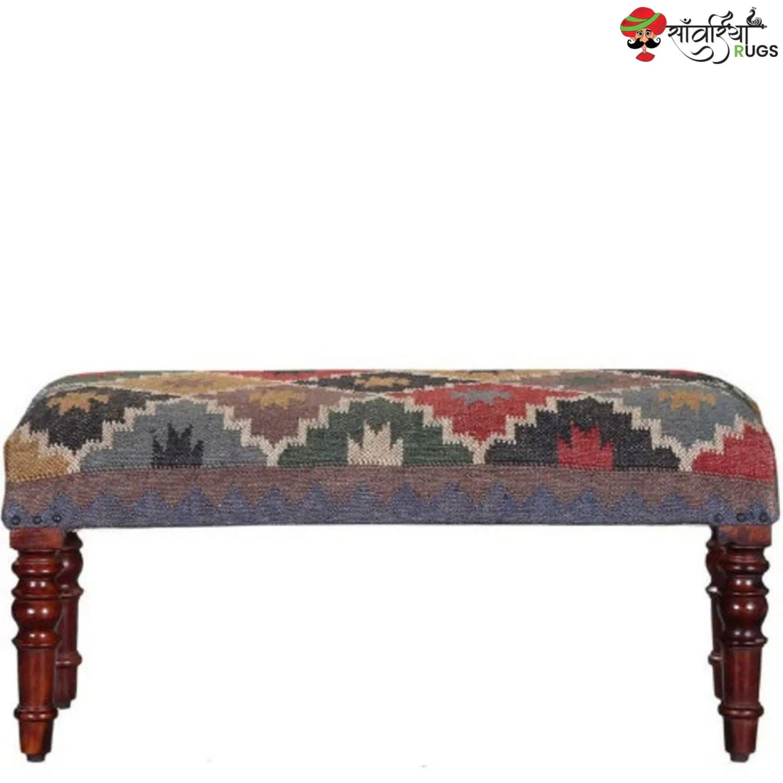 Multicolor southwestern kilim bench with wool and jute upholstery
