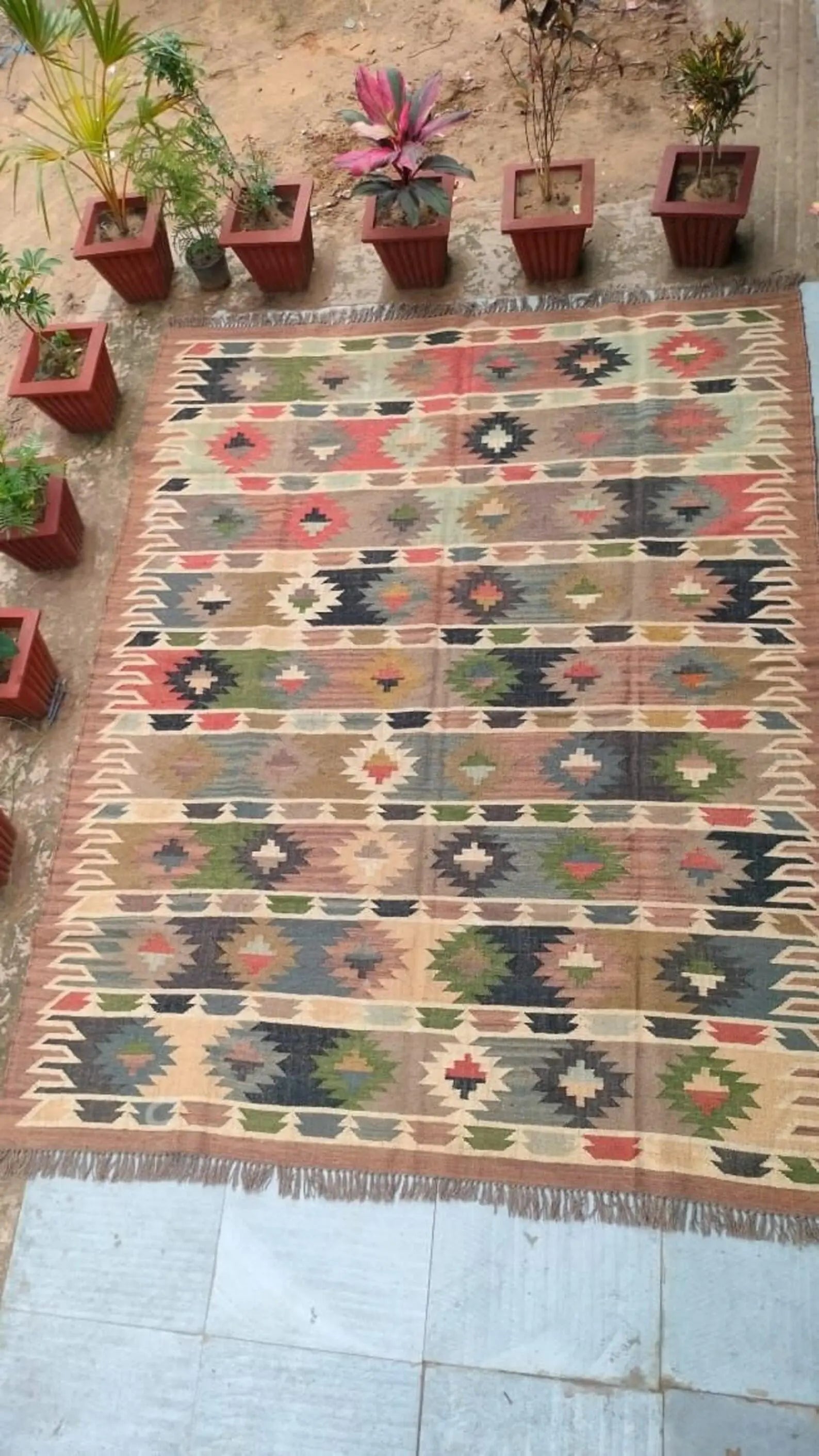 Vintage Tribal Wool Jute Kilim Rug, Handmade Farmhouse Area Rug, Southwestern Flatweave Dhurrie Carpet, Boho Geometric Rug, Custom Size