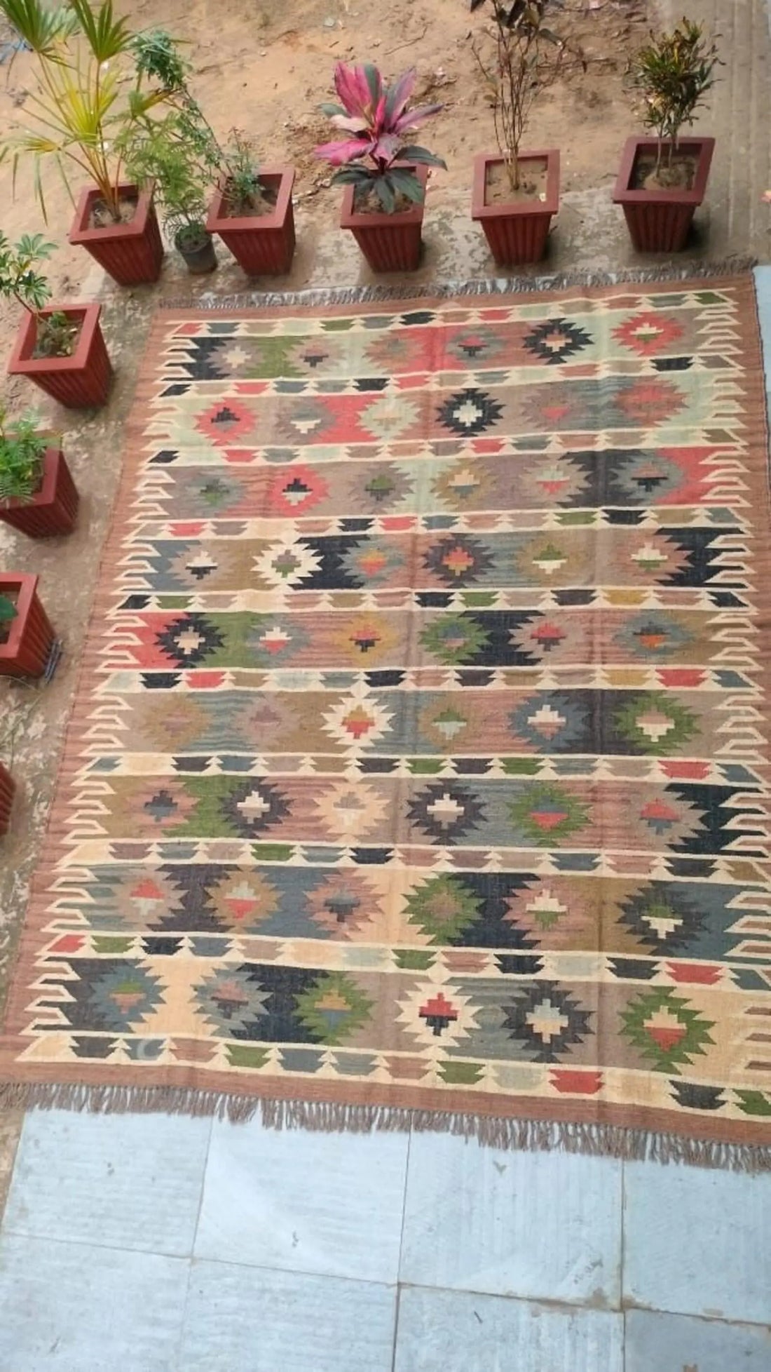 Vintage Tribal Wool Jute Kilim Rug, Handmade Farmhouse Area Rug, Southwestern Flatweave Dhurrie Carpet, Boho Geometric Rug, Custom Size