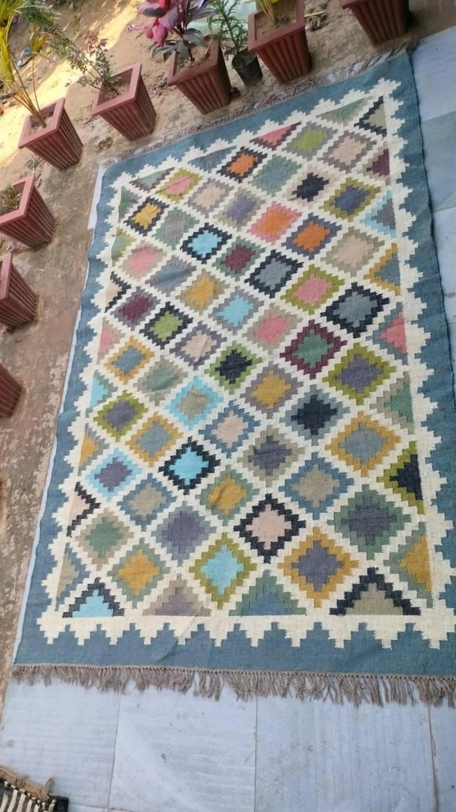Handmade Wool Jute Kilim Rug, Multicolor Geometric Area Rug, Reversible Boho Flatweave Dhurrie Carpet, Artisan Farmhouse Rug, Custom Size