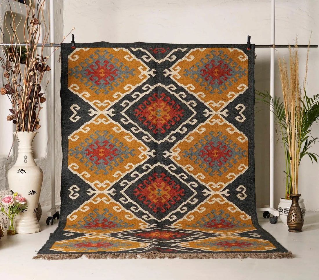 Large Ochre Charcoal Kilim Rug – Handwoven Wool Jute Geometric Area Rug