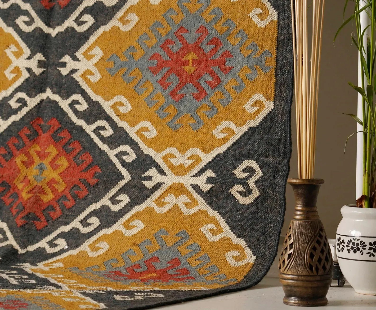 Large Ochre Charcoal Kilim Rug – Handwoven Wool Jute Geometric Area Rug