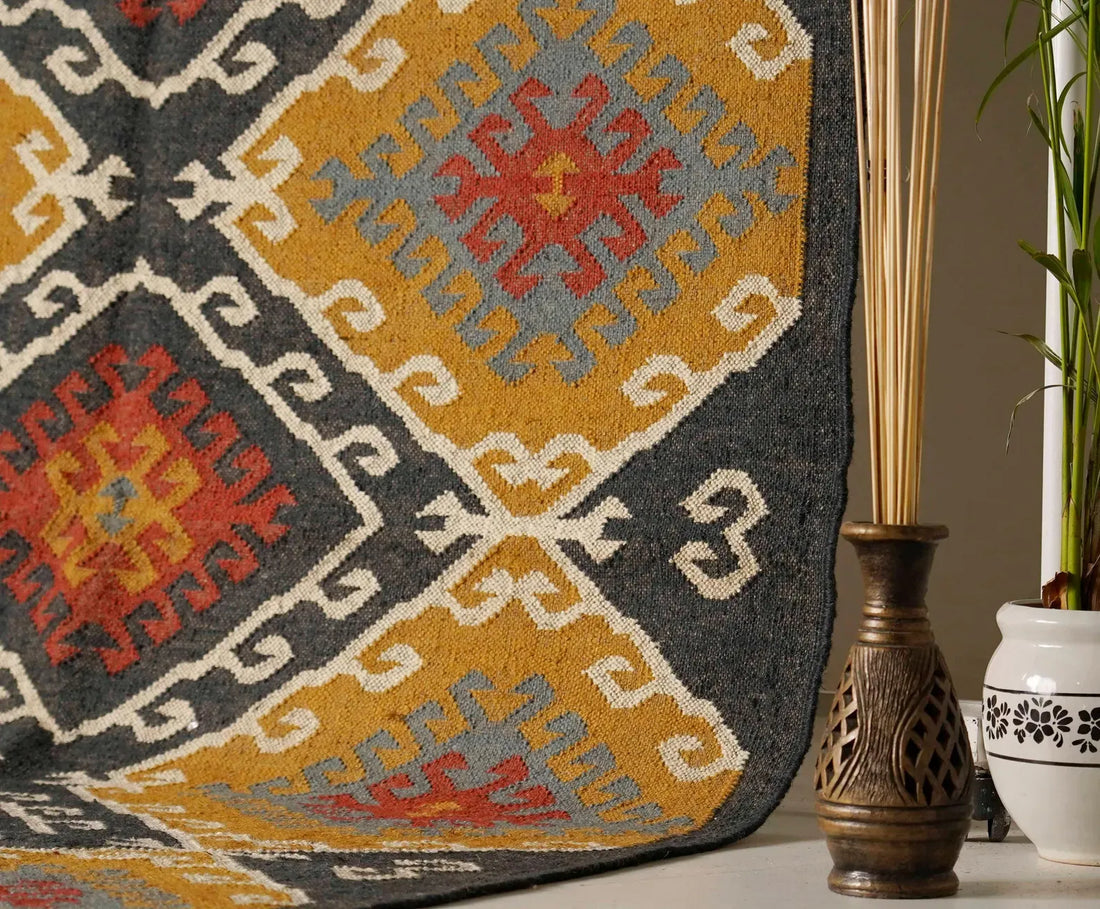 Large Ochre Charcoal Kilim Rug – Handwoven Wool Jute Geometric Area Rug