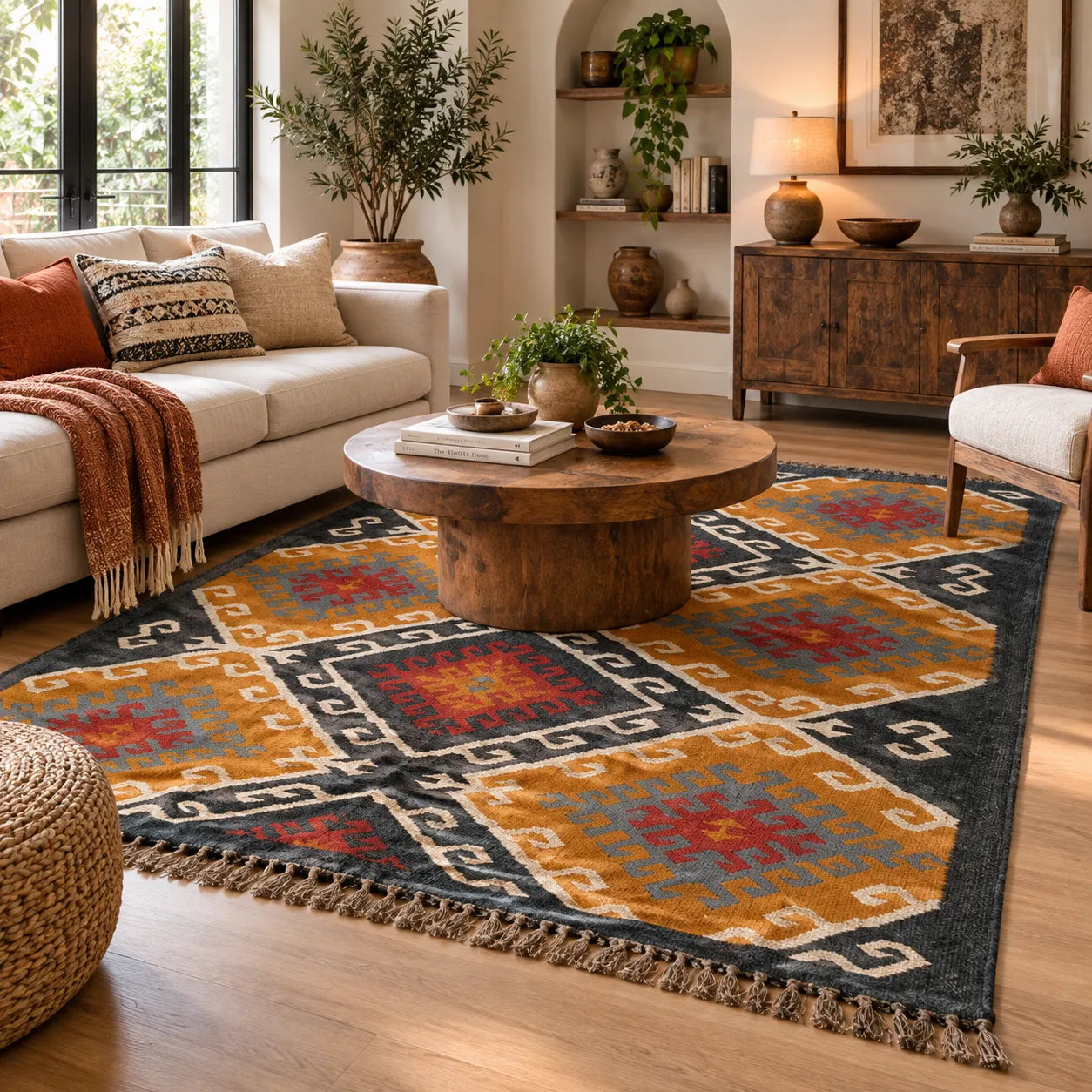 Large Ochre Charcoal Kilim Rug – Handwoven Wool Jute Geometric Area Rug