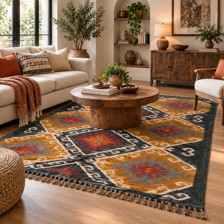 Large Ochre Charcoal Kilim Rug – Handwoven Wool Jute Geometric Area Rug
