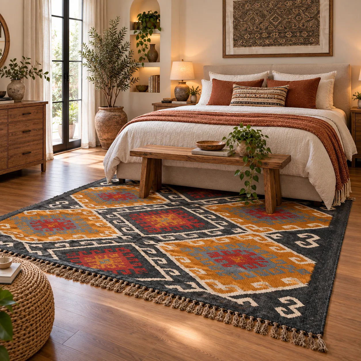 Large Ochre Charcoal Kilim Rug – Handwoven Wool Jute Geometric Area Rug