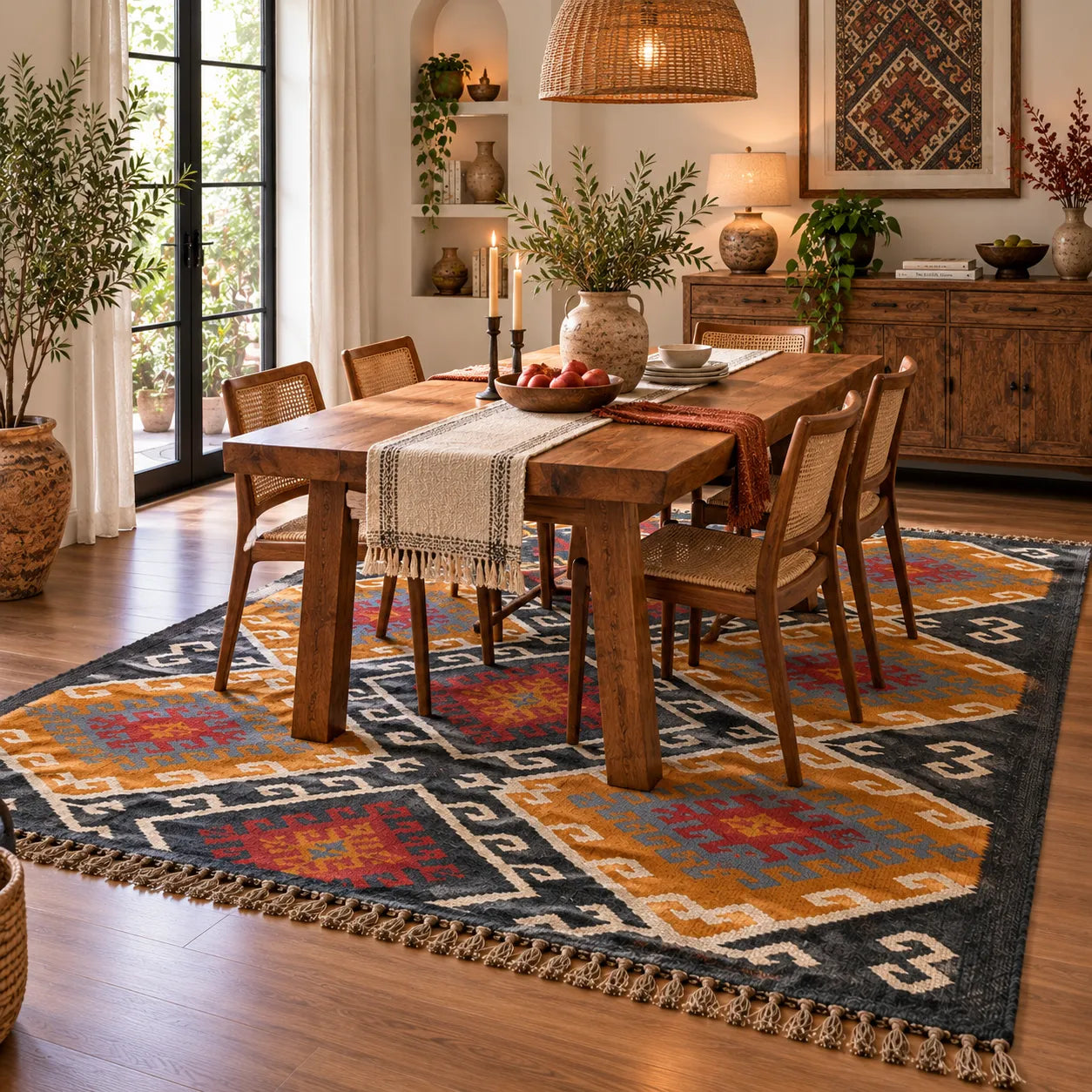 Large Ochre Charcoal Kilim Rug – Handwoven Wool Jute Geometric Area Rug