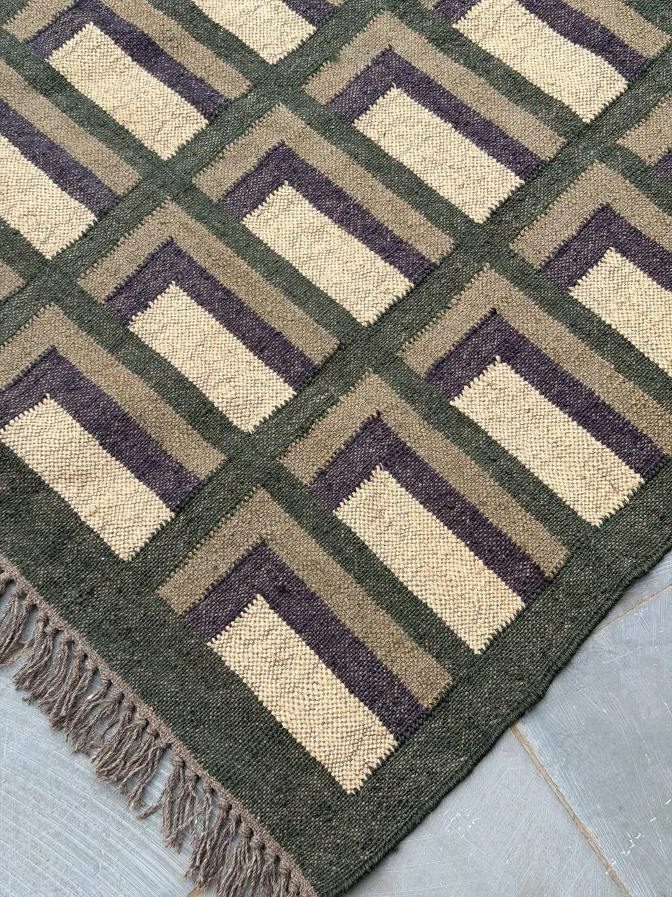 Forest Green Offset-Corner Kilim Area Rug – Handwoven Wool Jute Geometric Carpet