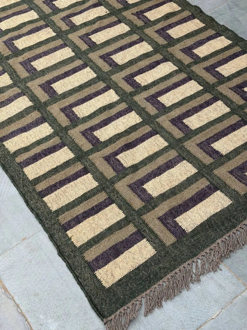 Forest Green Offset-Corner Kilim Area Rug – Handwoven Wool Jute Geometric Carpet