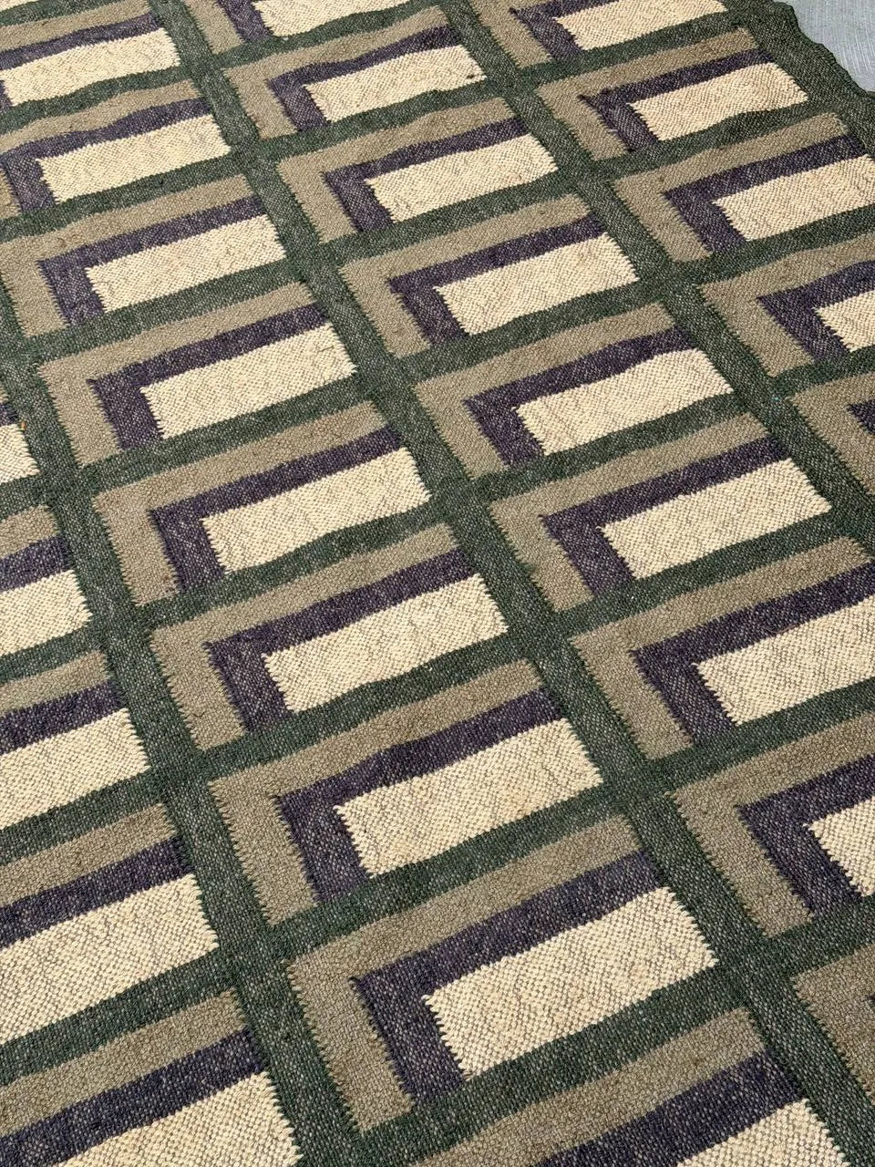 Forest Green Offset-Corner Kilim Area Rug – Handwoven Wool Jute Geometric Carpet