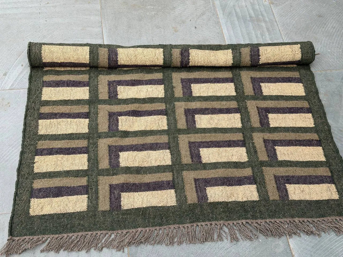 Forest Green Offset-Corner Kilim Area Rug – Handwoven Wool Jute Geometric Carpet