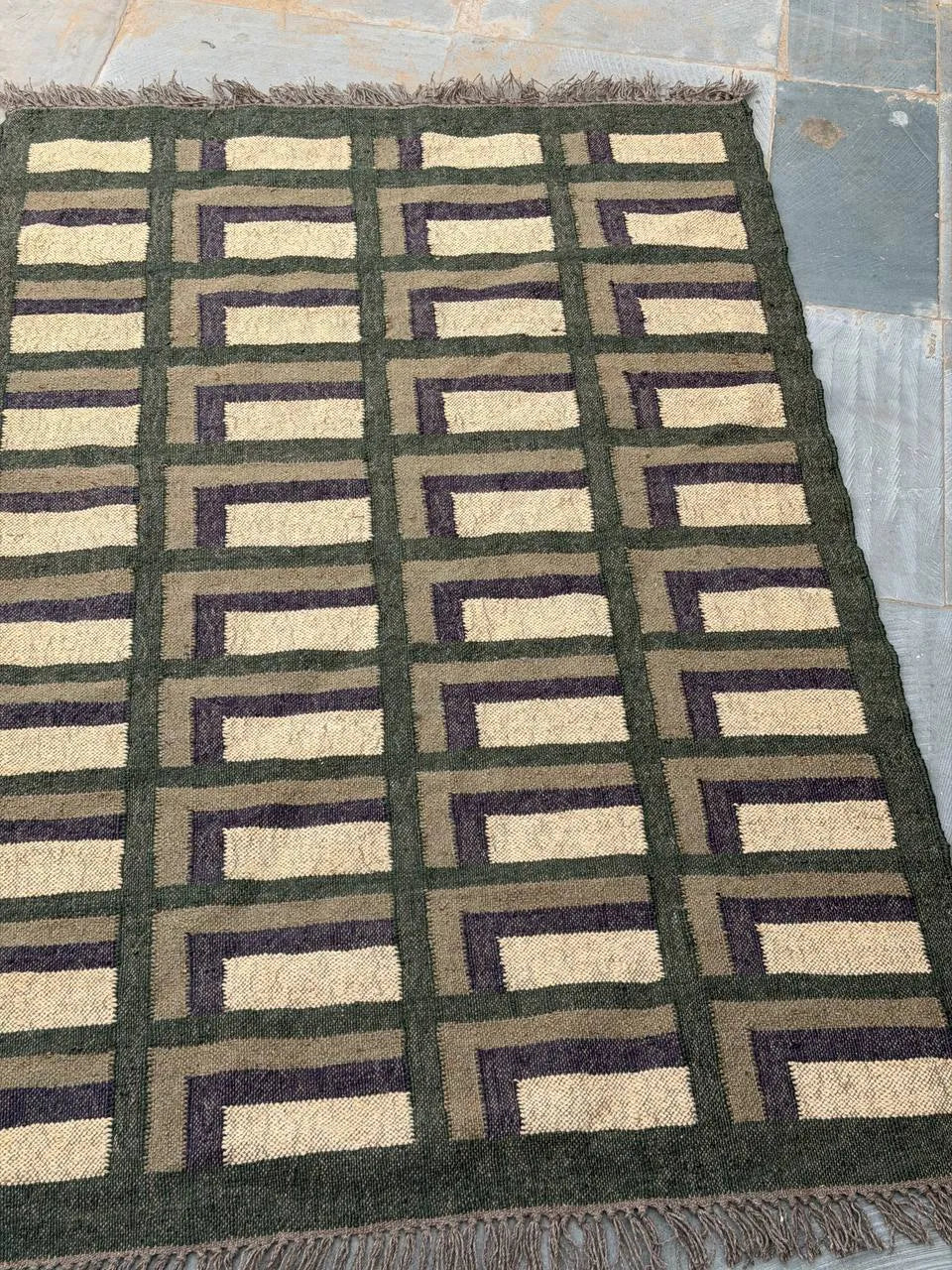 Forest Green Offset-Corner Kilim Area Rug – Handwoven Wool Jute Geometric Carpet