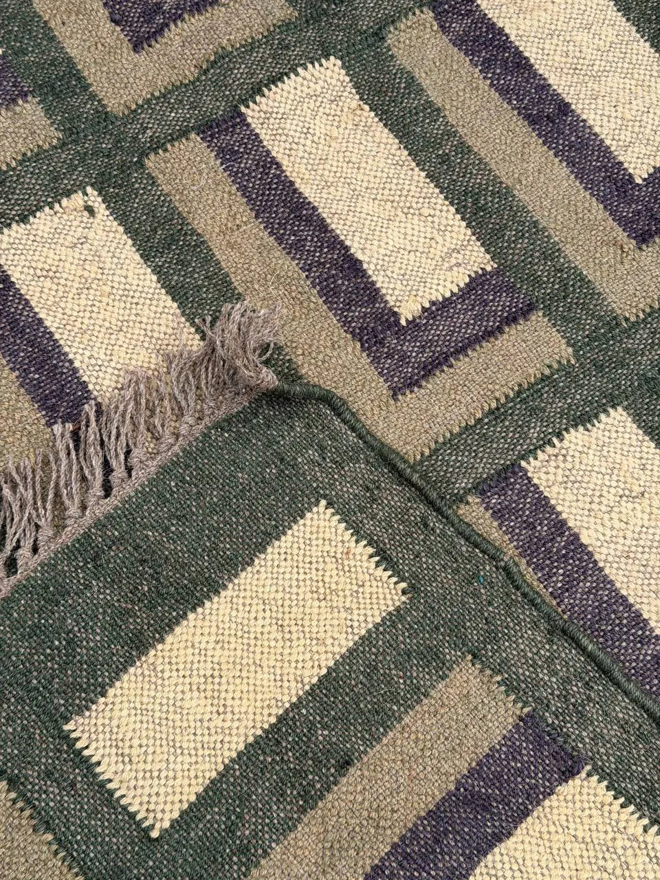 Forest Green Offset-Corner Kilim Area Rug – Handwoven Wool Jute Geometric Carpet