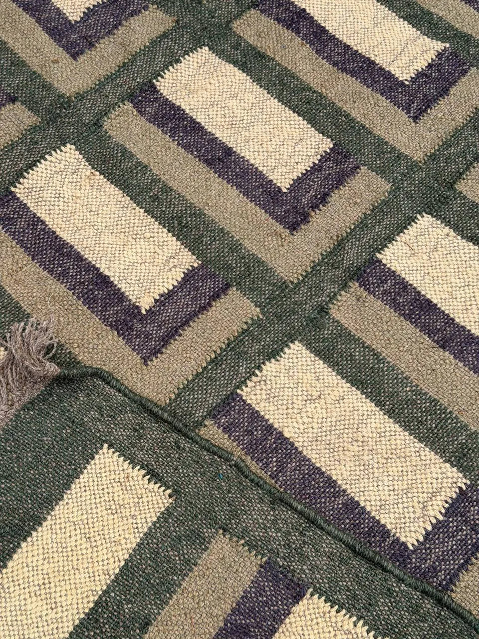 Forest Green Offset-Corner Kilim Area Rug – Handwoven Wool Jute Geometric Carpet