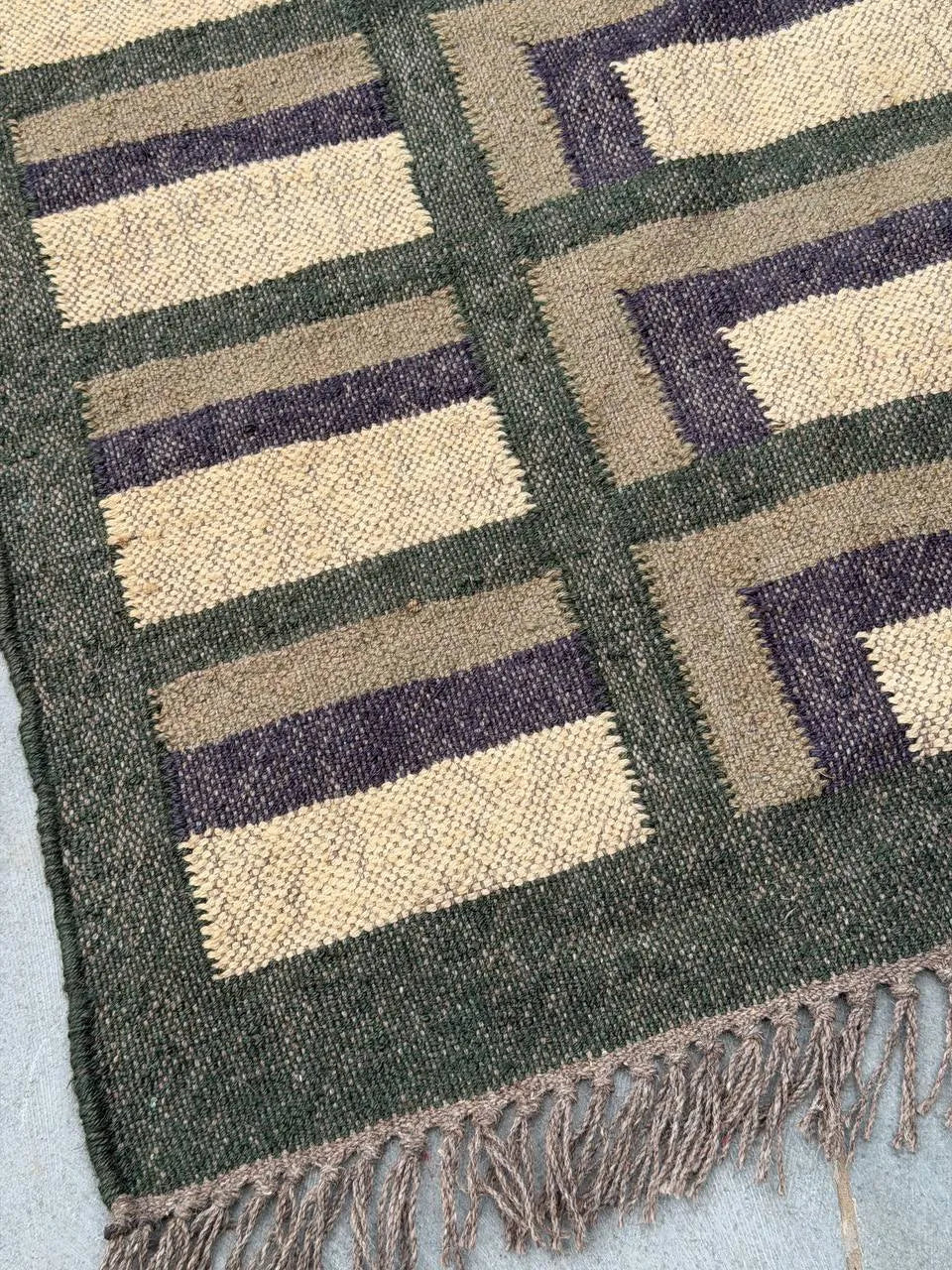 Forest Green Offset-Corner Kilim Area Rug – Handwoven Wool Jute Geometric Carpet