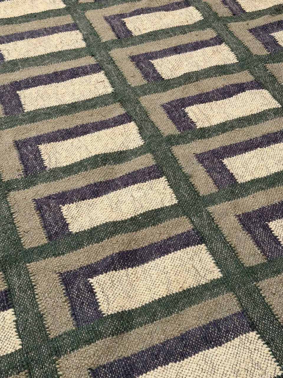 Forest Green Offset-Corner Kilim Area Rug – Handwoven Wool Jute Geometric Carpet