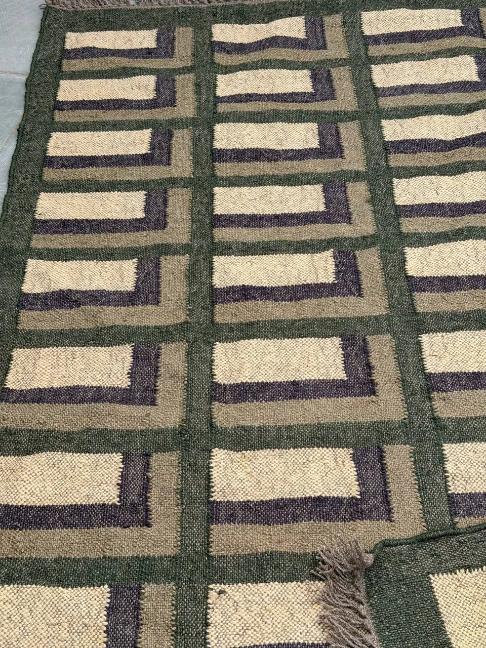 Forest Green Offset-Corner Kilim Area Rug – Handwoven Wool Jute Geometric Carpet