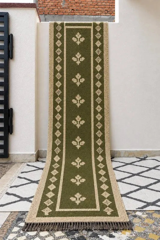 Olive Green Floral Wool & Jute Kilim Runner Rug