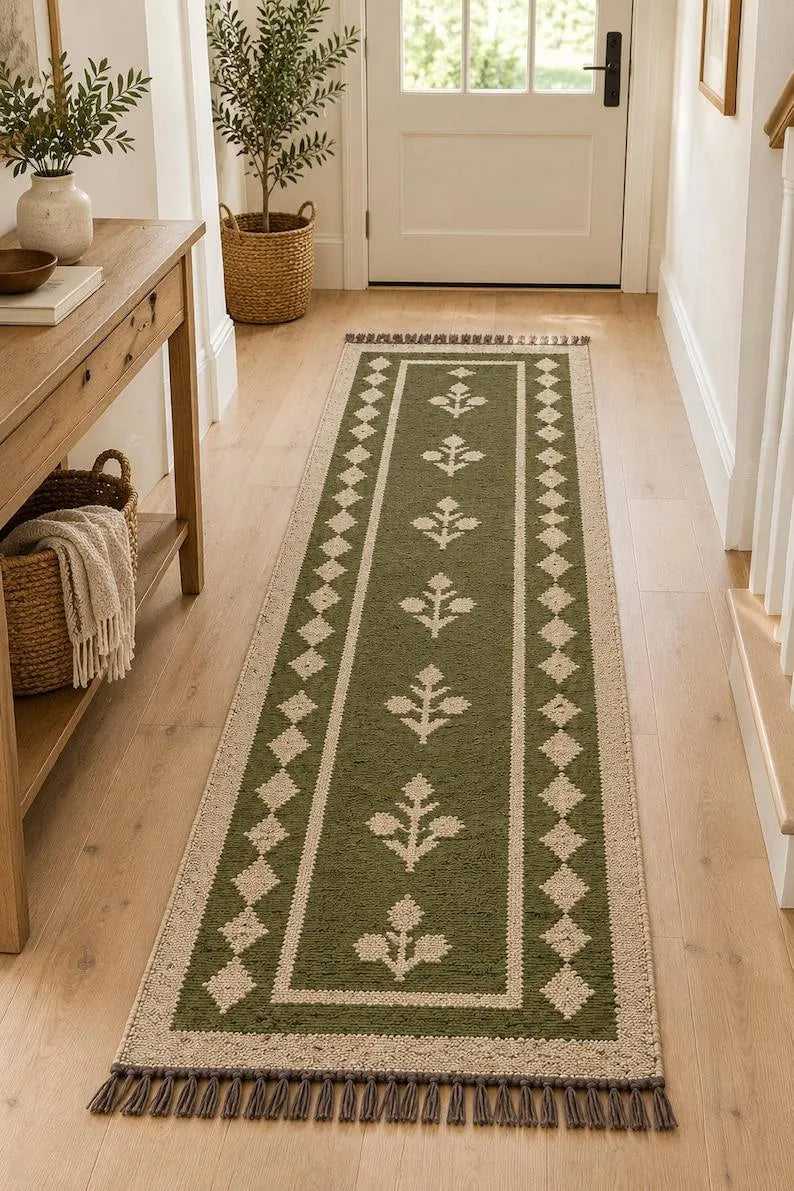 Olive Green Floral Wool & Jute Kilim Runner Rug