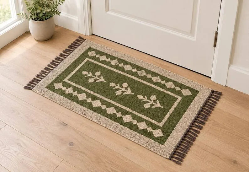Olive Green Floral Wool & Jute Kilim Runner Rug