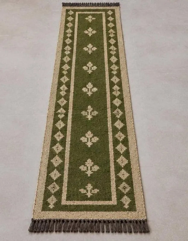 Olive Green Floral Wool & Jute Kilim Runner Rug