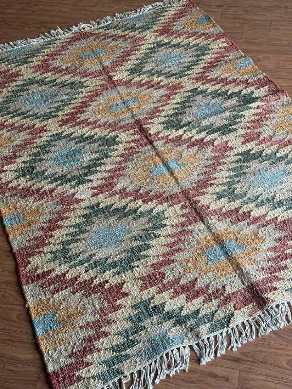 Multicolor Geometric Jute Cotton Area Rug with Fringe