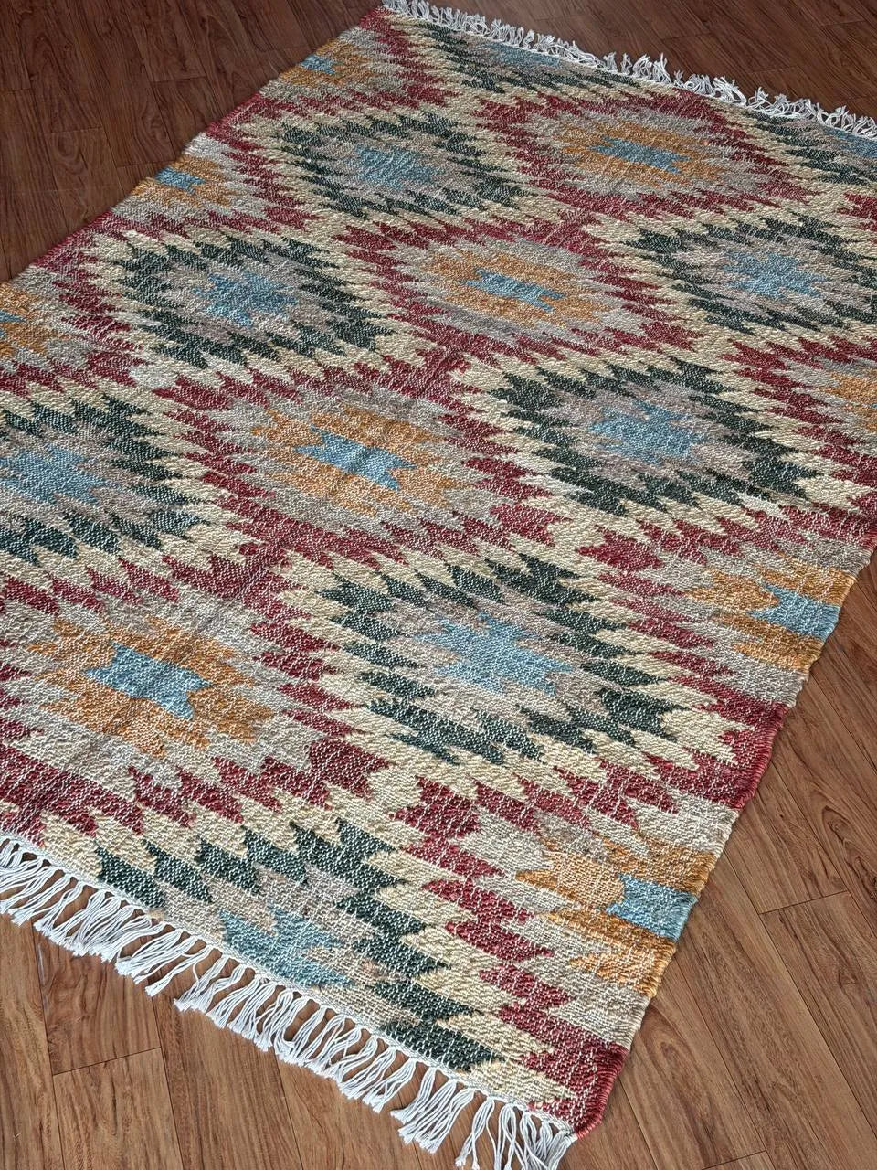 Multicolor Geometric Jute Cotton Area Rug with Fringe