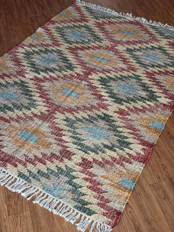 Multicolor Geometric Jute Cotton Area Rug with Fringe