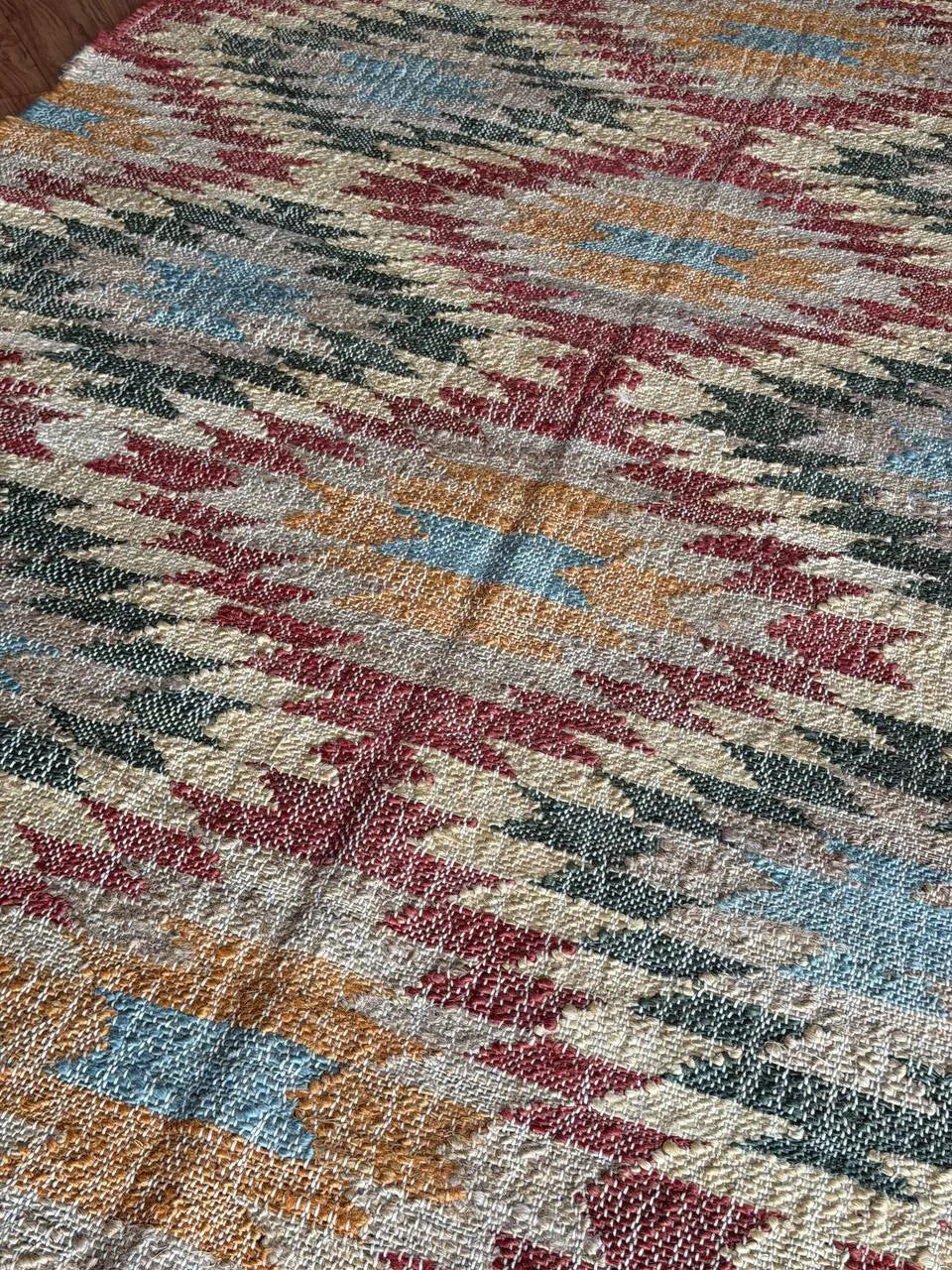 Multicolor Geometric Jute Cotton Area Rug with Fringe