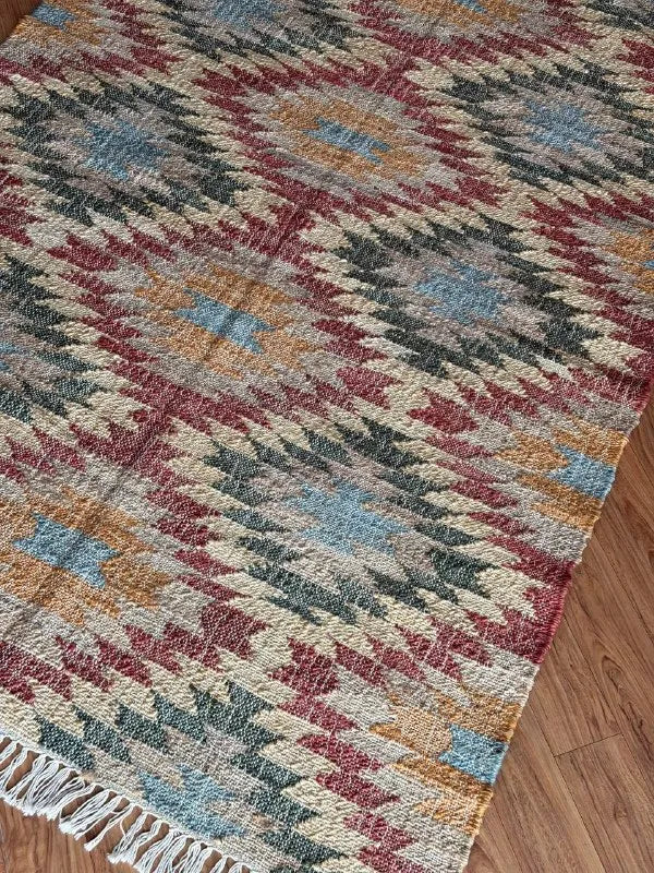 Multicolor Geometric Jute Cotton Area Rug with Fringe