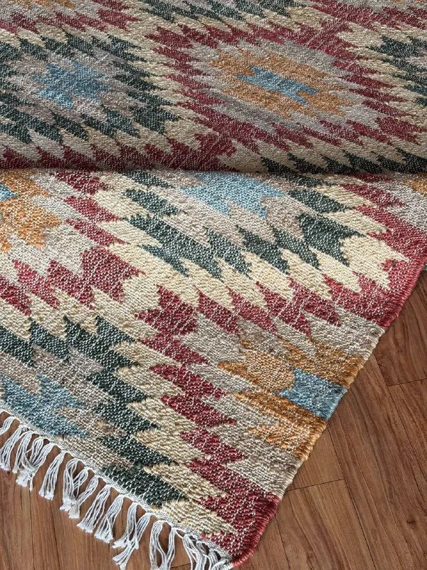 Multicolor Geometric Jute Cotton Area Rug with Fringe