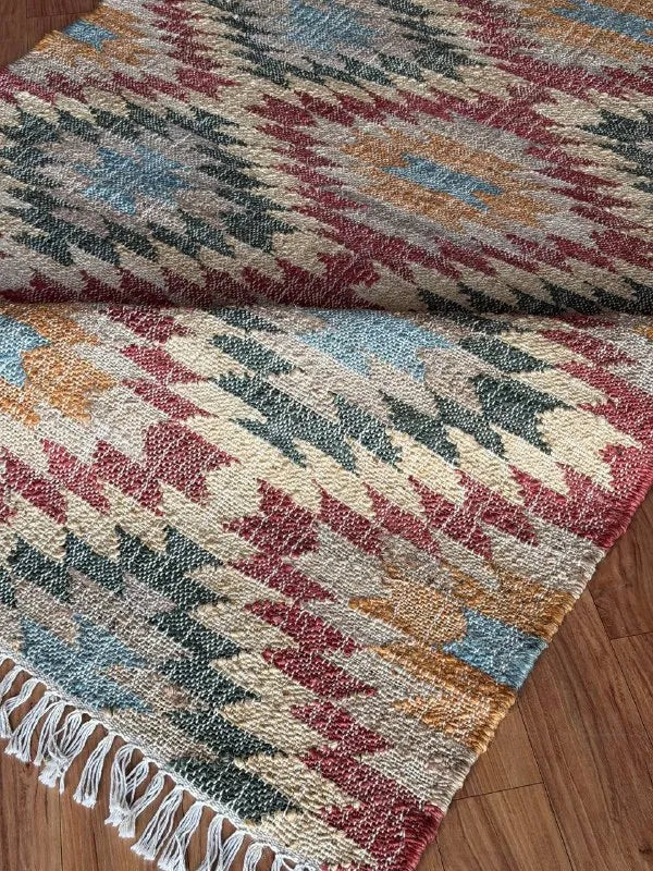 Multicolor Geometric Jute Cotton Area Rug with Fringe