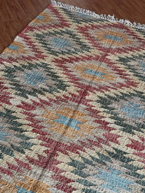 Multicolor Geometric Jute Cotton Area Rug with Fringe