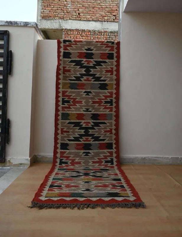Multicolour Geometric Wool & Jute Kilim Runner Rug – Rust Border
