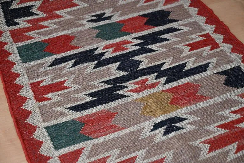 Multicolour Geometric Wool & Jute Kilim Runner Rug – Rust Border