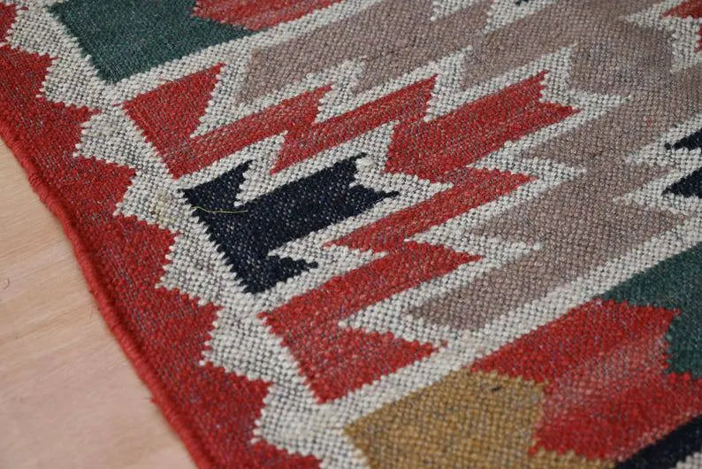 Multicolour Geometric Wool & Jute Kilim Runner Rug – Rust Border