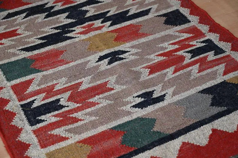 Multicolour Geometric Wool & Jute Kilim Runner Rug – Rust Border