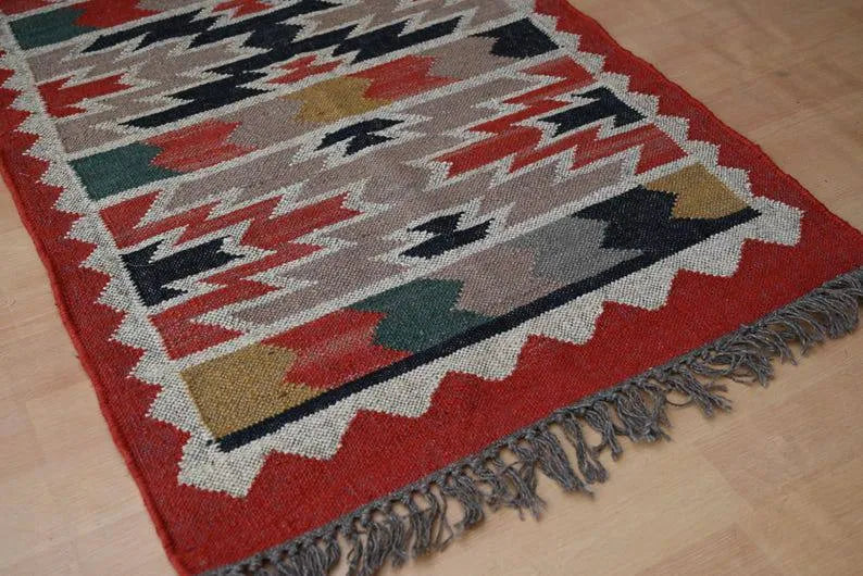 Multicolour Geometric Wool & Jute Kilim Runner Rug – Rust Border