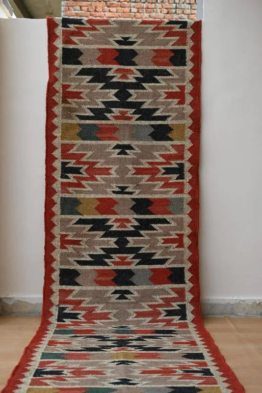 Multicolour Geometric Wool & Jute Kilim Runner Rug – Rust Border