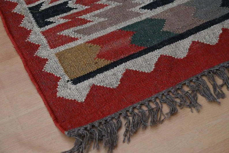 Multicolour Geometric Wool & Jute Kilim Runner Rug – Rust Border