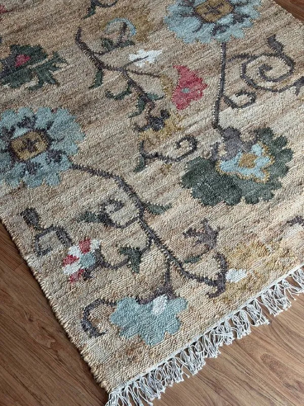 Natural Beige Floral Jute Cotton Area Rug with Blue Accents