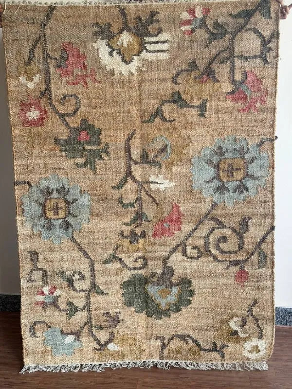 Natural Beige Floral Jute Cotton Area Rug with Blue Accents
