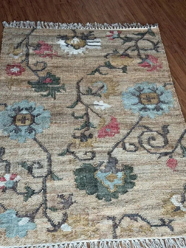 Natural Beige Floral Jute Cotton Area Rug with Blue Accents
