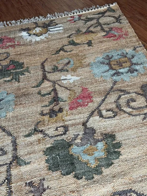 Natural Beige Floral Jute Cotton Area Rug with Blue Accents