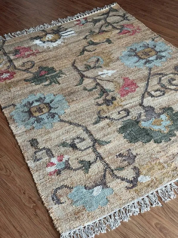 Natural Beige Floral Jute Cotton Area Rug with Blue Accents