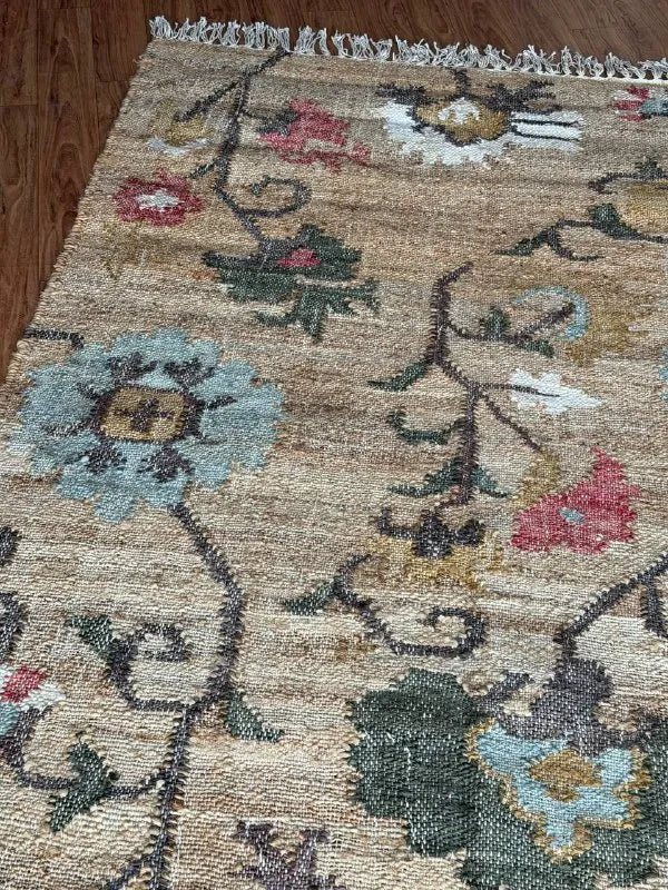 Natural Beige Floral Jute Cotton Area Rug with Blue Accents