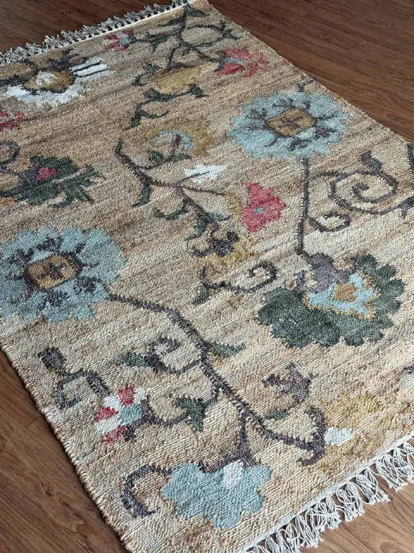 Natural Beige Floral Jute Cotton Area Rug with Blue Accents